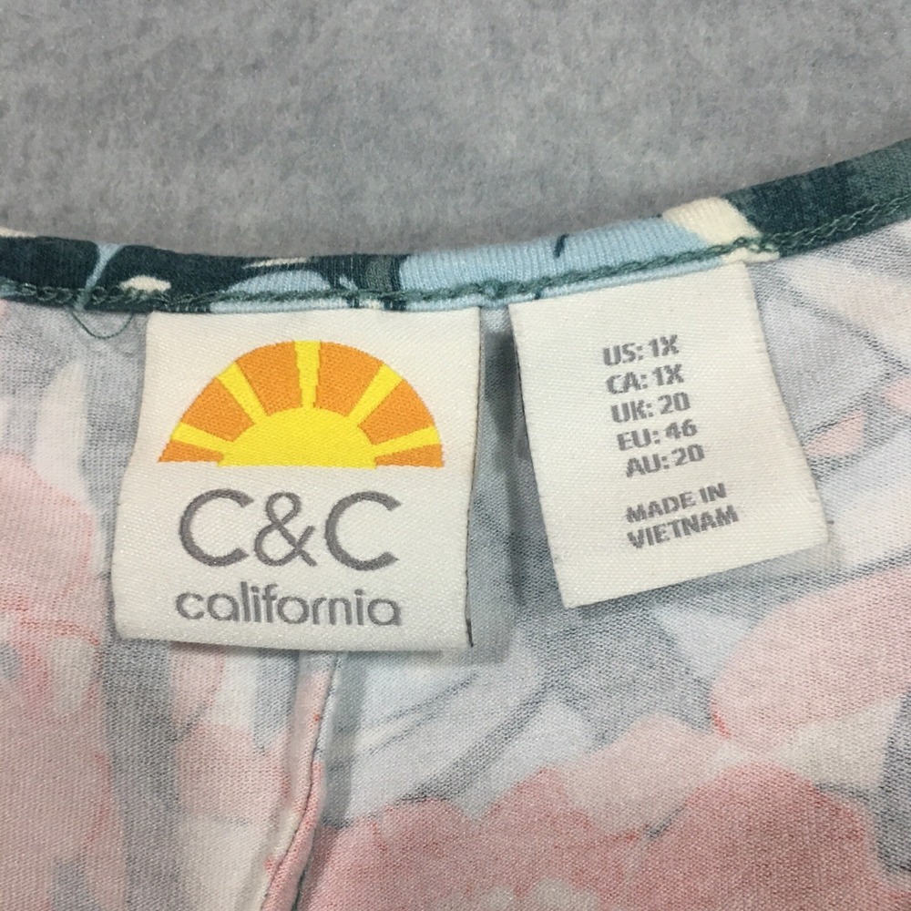 C&C California 1X Midi Maxi Dress Orange Green Tropical Handkerchief Hem Stretch - Picture 3 of 9